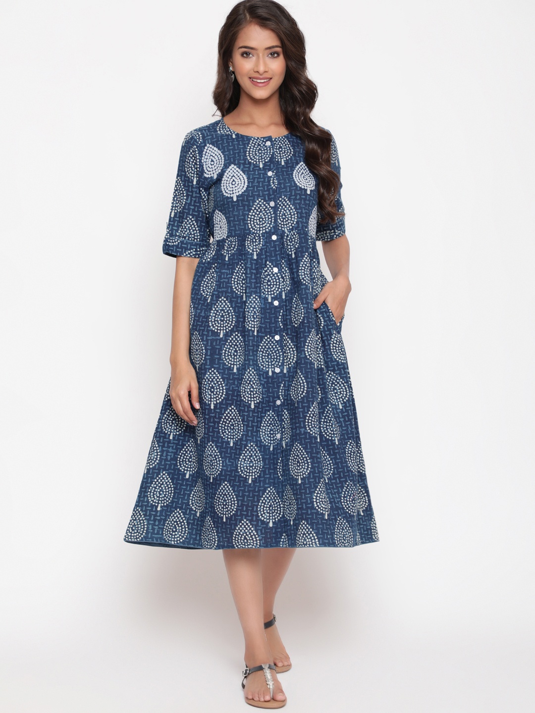 

SAVI Women Ethnic Motifs Print A-Line Midi Ethnic Dress, Blue