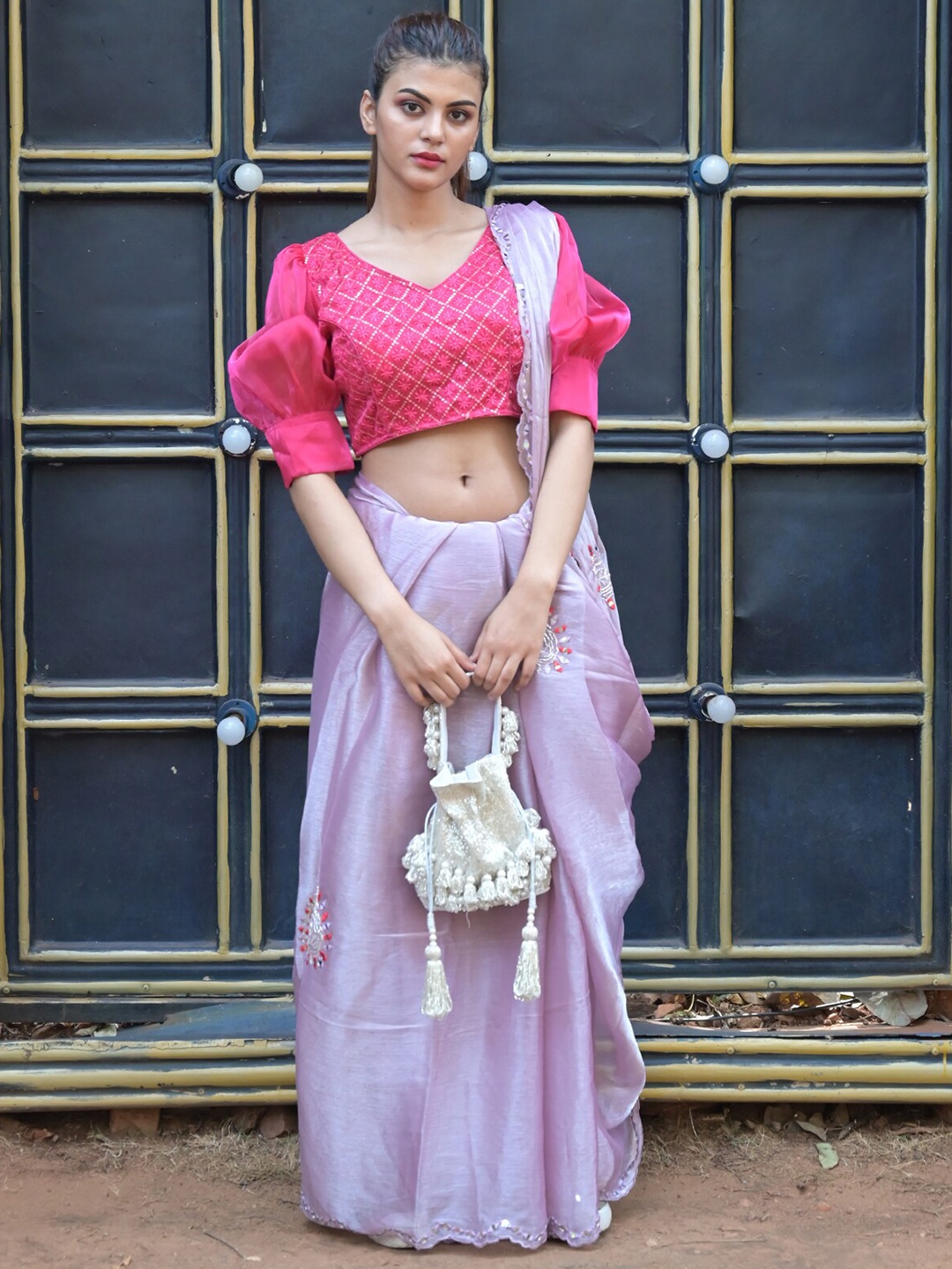

ODETTE Floral Embroidered Organza Saree, Pink