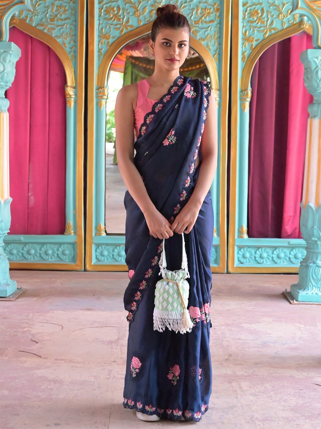 

ODETTE Floral Embroidered Schiffli Saree, Navy blue