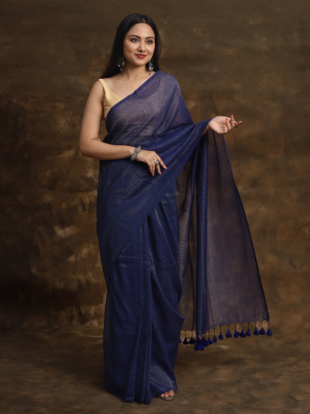 

TEEJH Striped Pure Cotton Murshidabad silk Saree, Blue