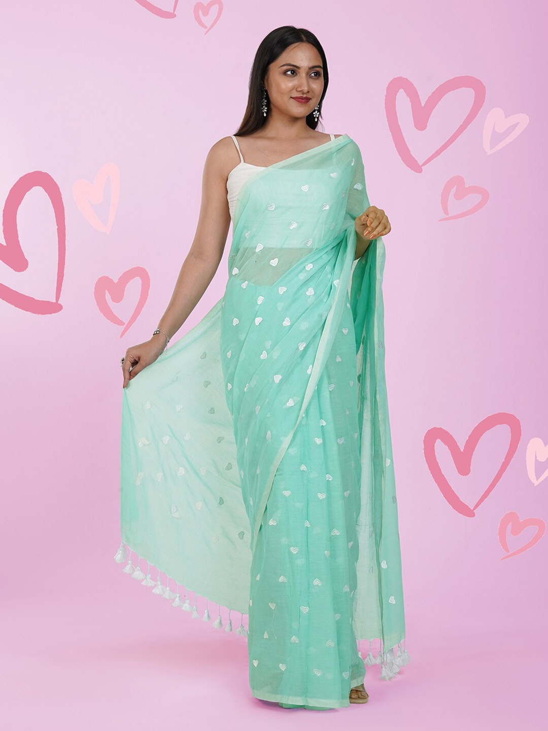 

TEEJH Embroidered Pure Cotton Murshidabad Silk Saree, Turquoise blue