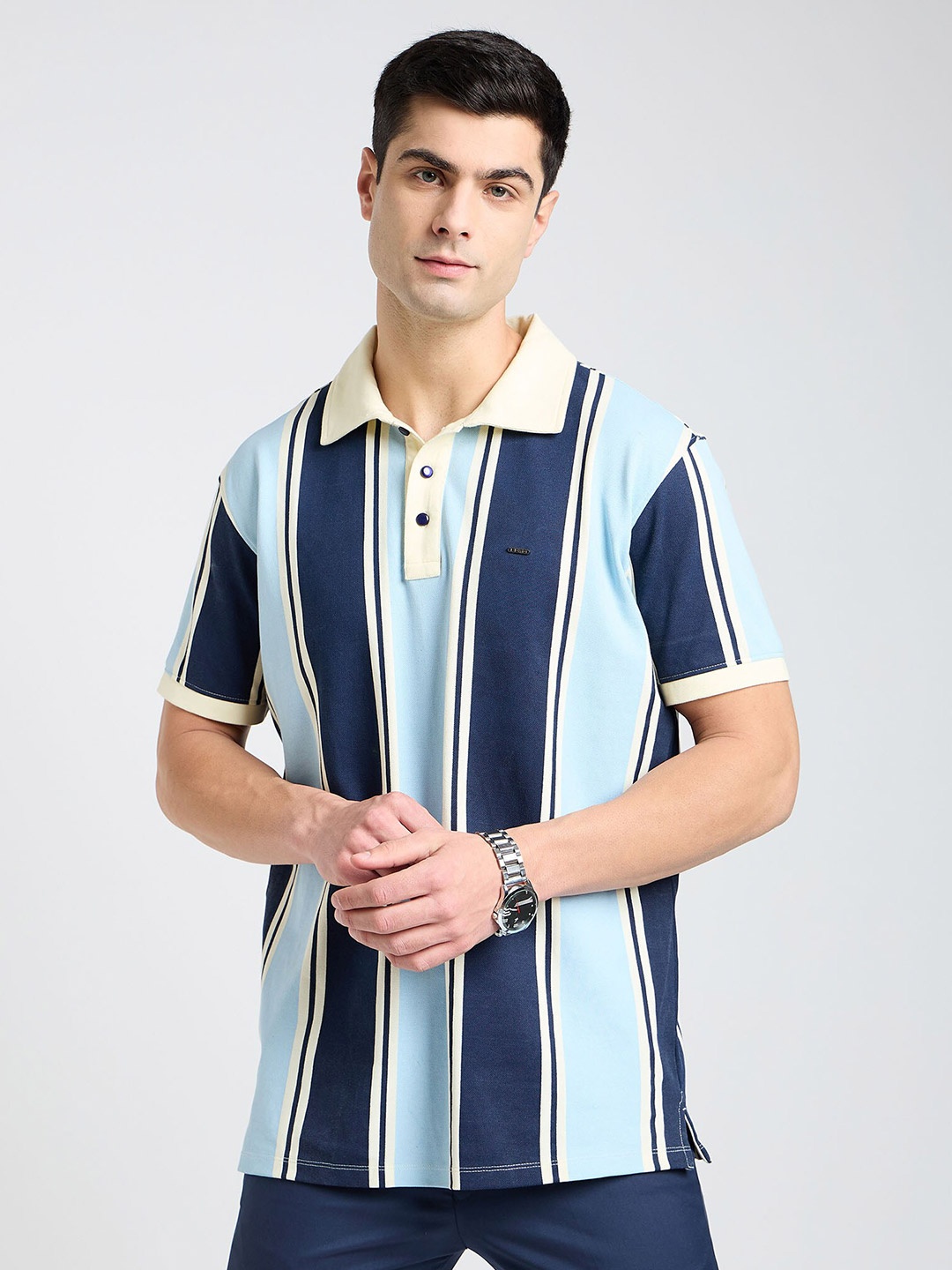 

EDRIO Men Striped Polo Collar Pockets T-shirt, Blue