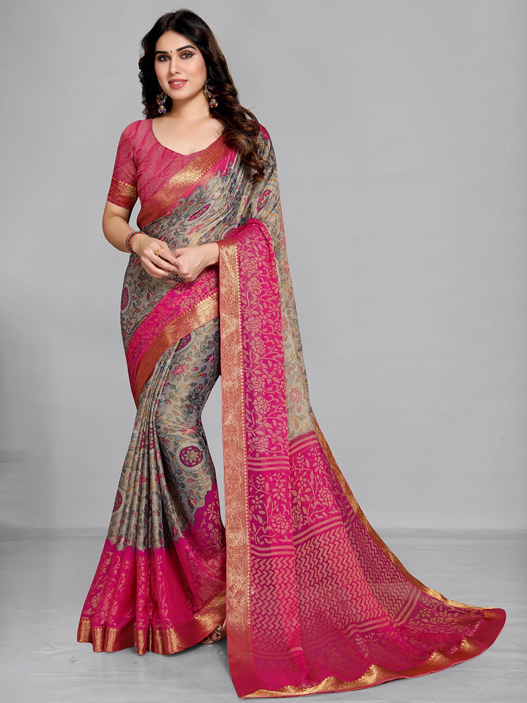 EMV Floral Printed Zari Chiffon Saree, Pink