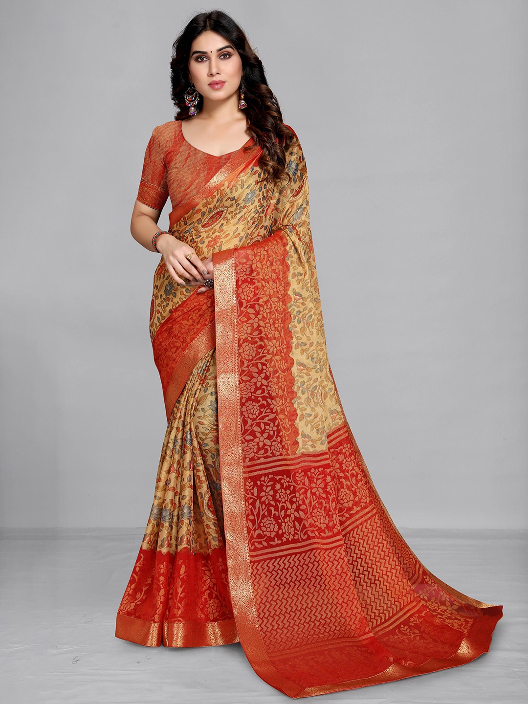 

EMV Floral Printed Zari Chiffon Saree, Orange