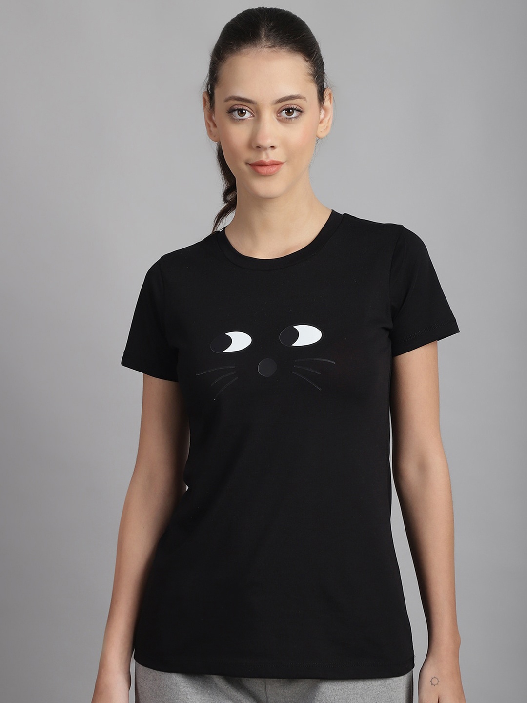 Rute Women Typography Printed Applique T-shirt, Black