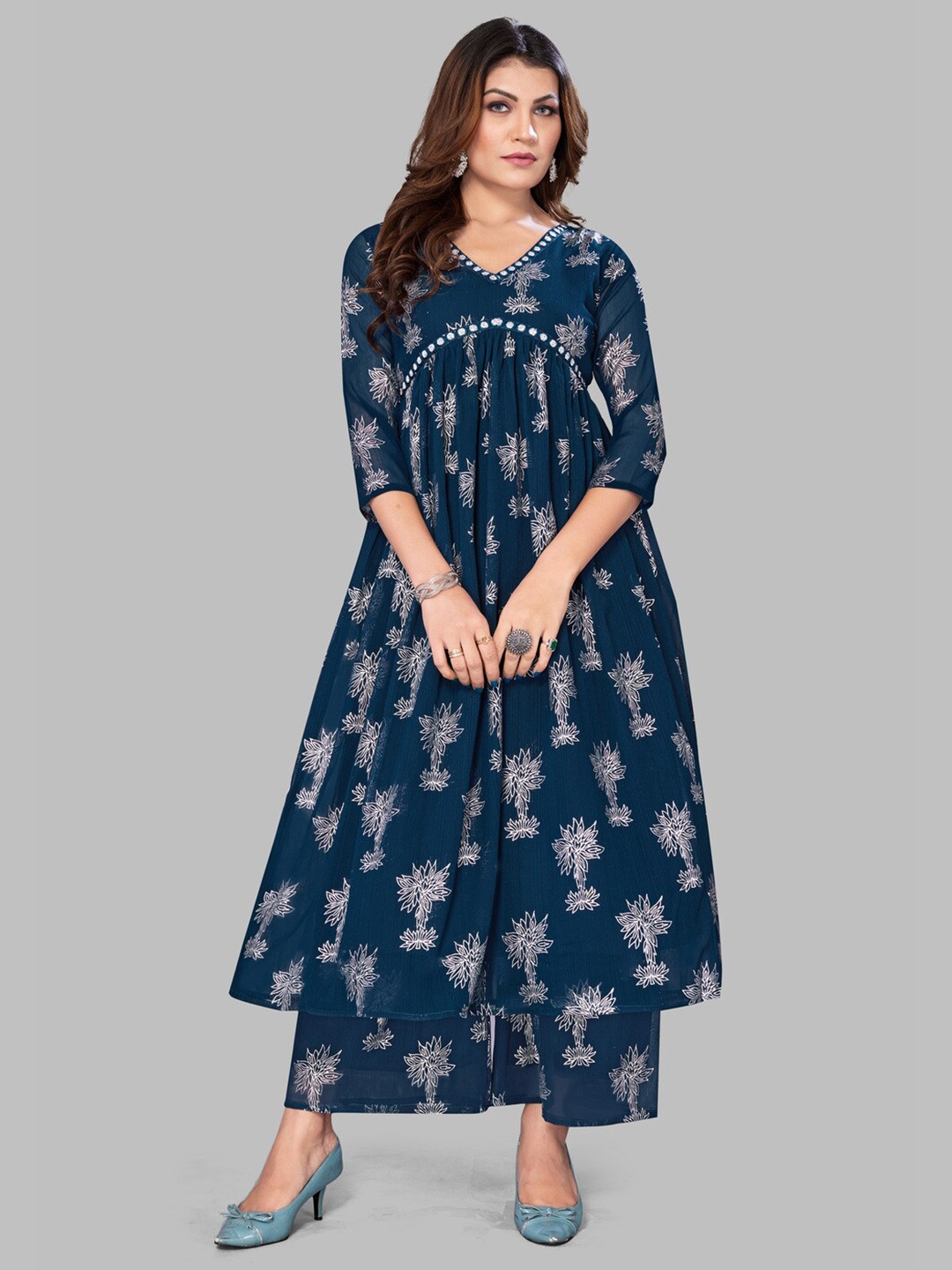 

BAESD Floral Printed Thread Work Flared V-Neck Anarkali Kurta, Teal