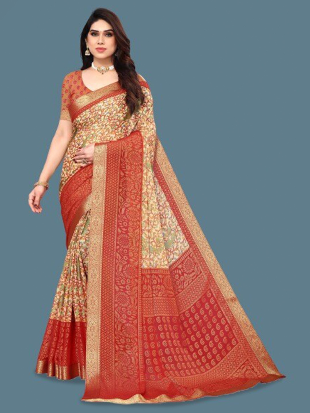 

EMV Floral Printed Zari Chiffon Saree, Orange