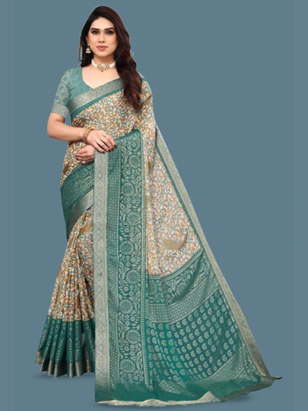 

EMV Floral Printed Zari Chiffon Saree, Blue