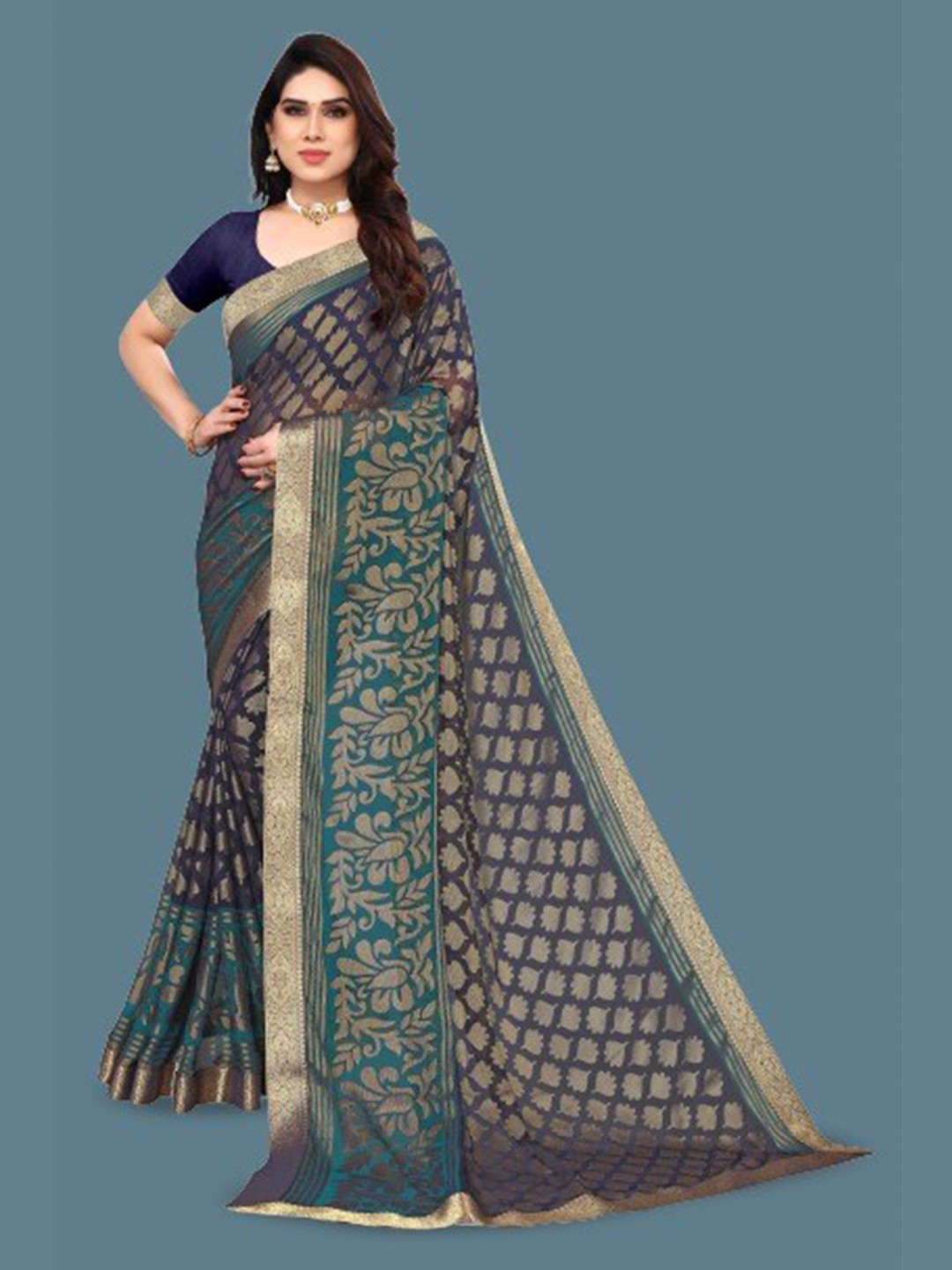

EMV Floral Printed Zari Chiffon Saree, Navy blue