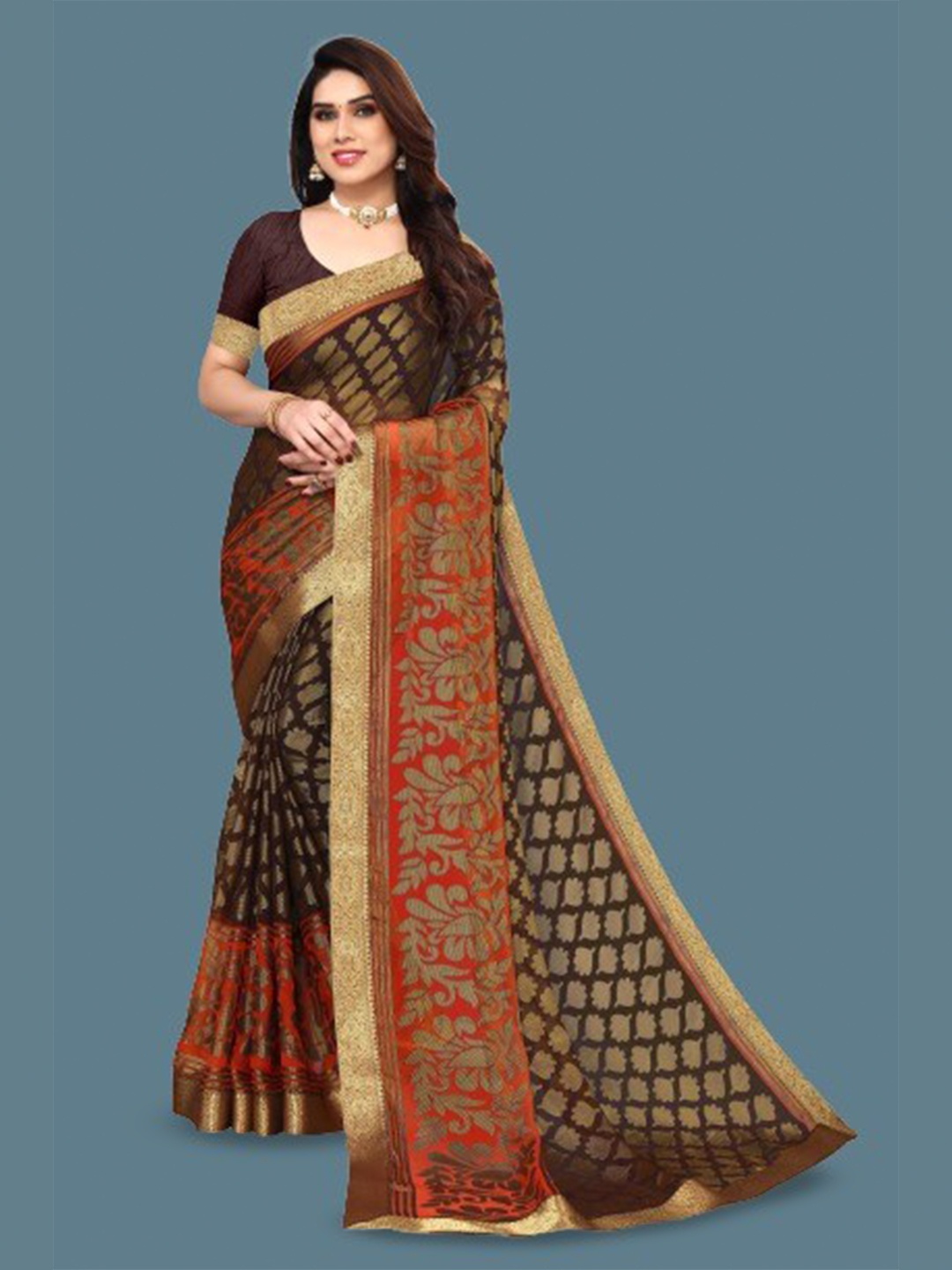 

EMV Floral Printed Zari Chiffon Saree, Brown