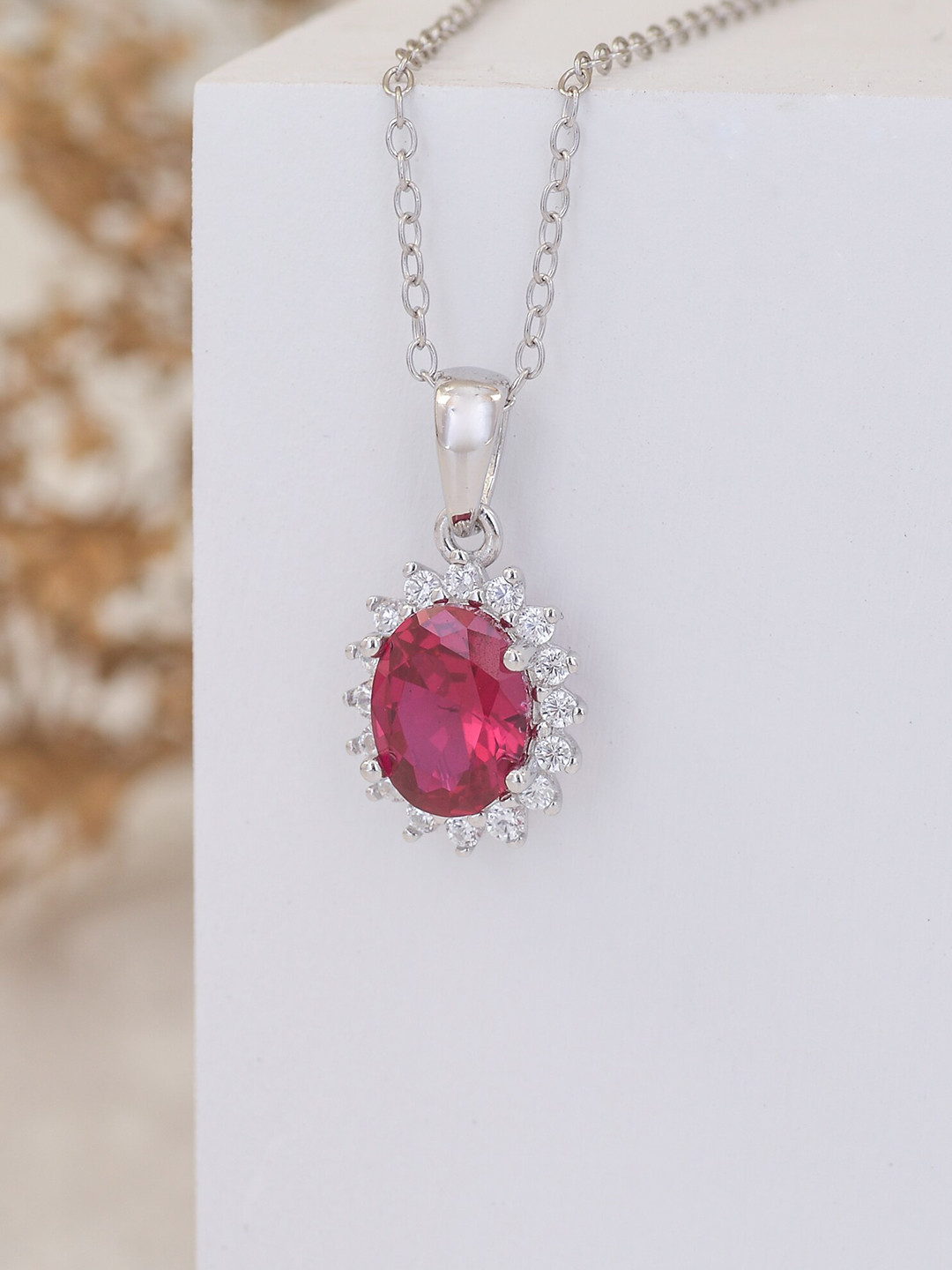 

Ornate Jewels 925 Sterling Silver Ruby Halo Solitaire Necklace