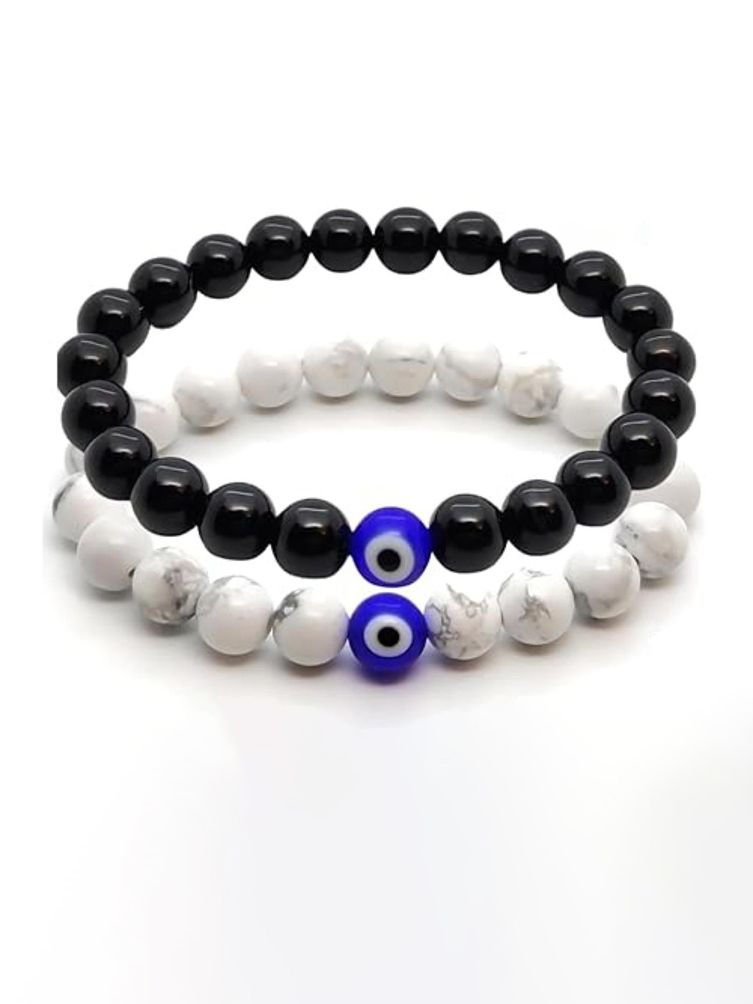 

DN Creation Set of 2 Couple Evil Eye Beaded Elasticated Bracelet, White