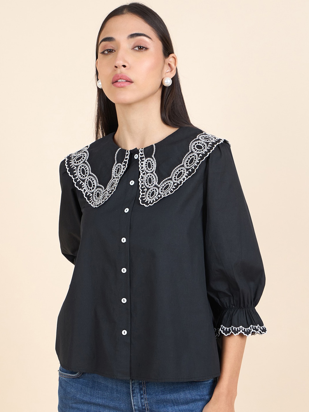 

Gipsy Puff Sleeve Cotton Shirt Style Top, Black