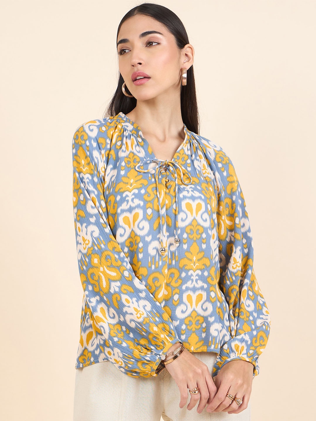 

Gipsy Floral Print Tie-Up Neck Top, Yellow