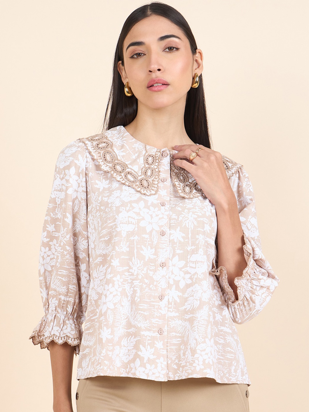 

Gipsy Floral Bell Sleeve Cotton Top, Khaki