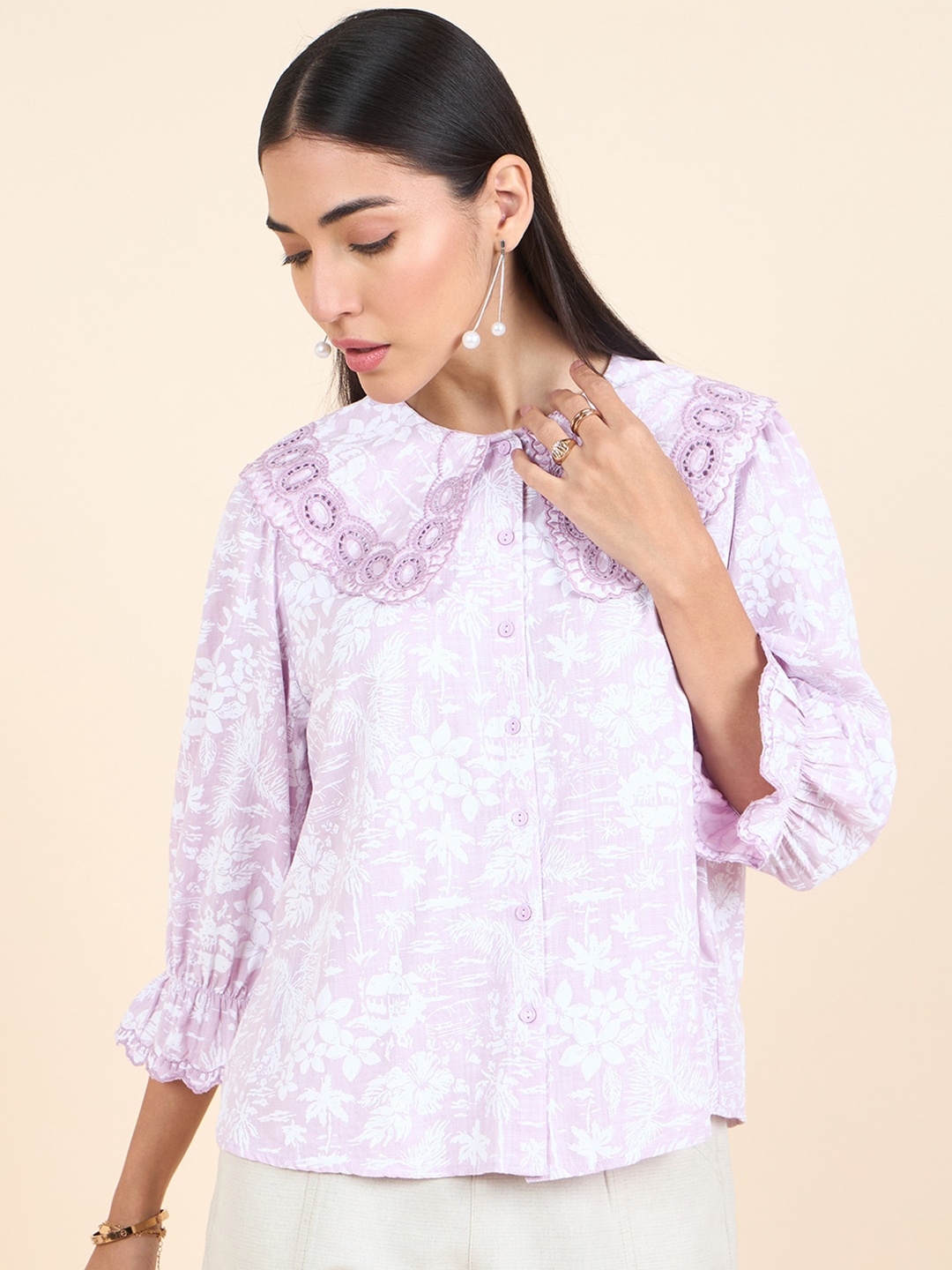 

Gipsy Floral Print Peter Pan Collar Cotton Shirt Style Top, Purple