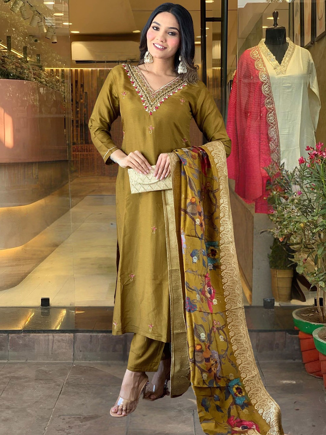 

KALINI Ethnic Motifs Embroidered V-Neck Thread Work Kurta with Trousers & Dupatta, Mustard