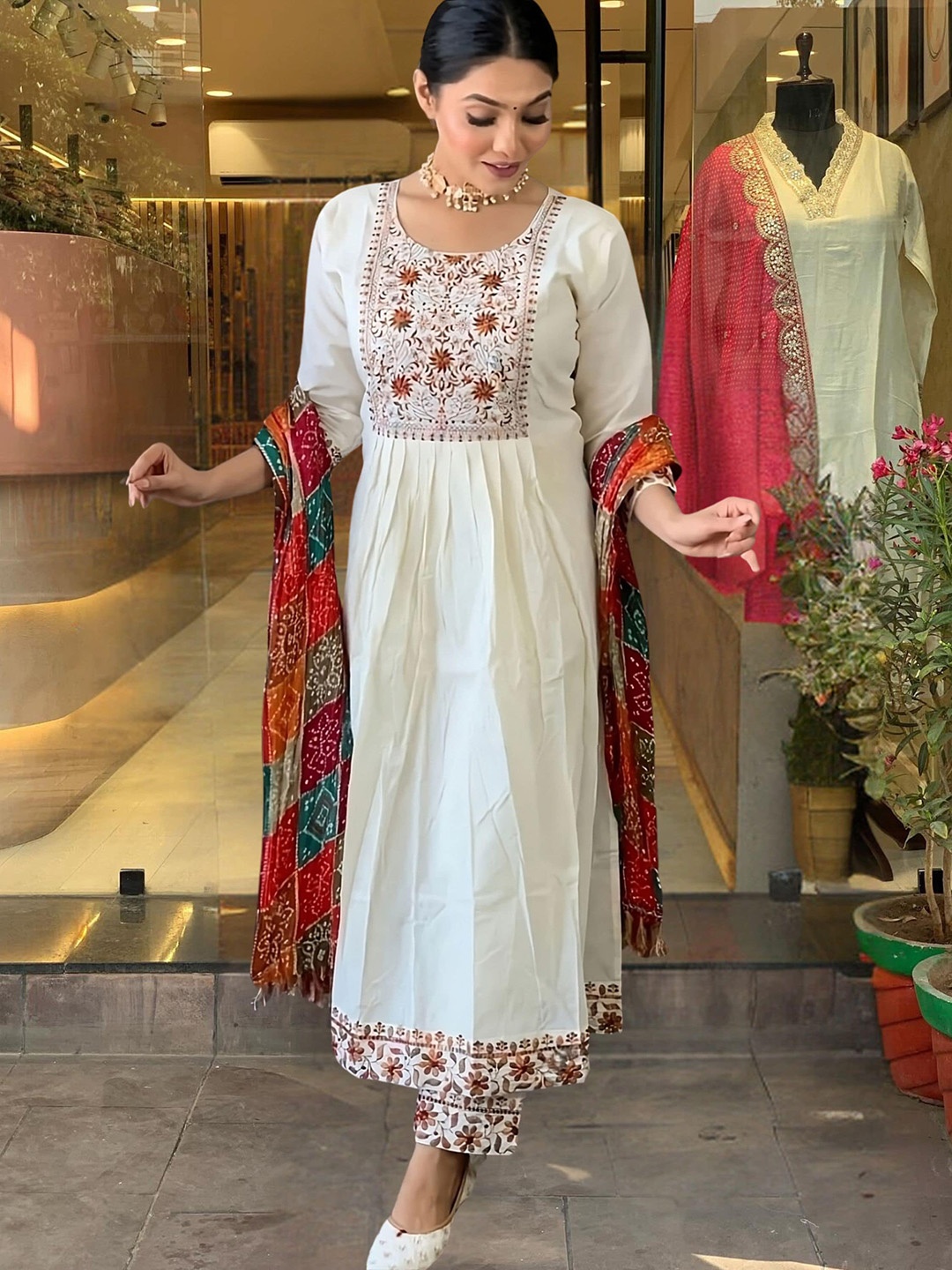 

KALINI Ethnic Motifs Yoke Design Thread Work Chanderi Cotton Kurta Set, White