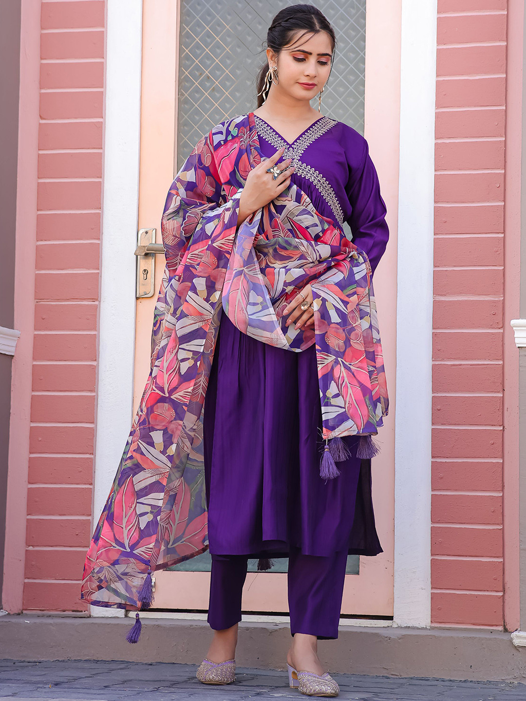 

KALINI Regular Thread Work Empire Kurta with Trousers & With Dupatta, Purple