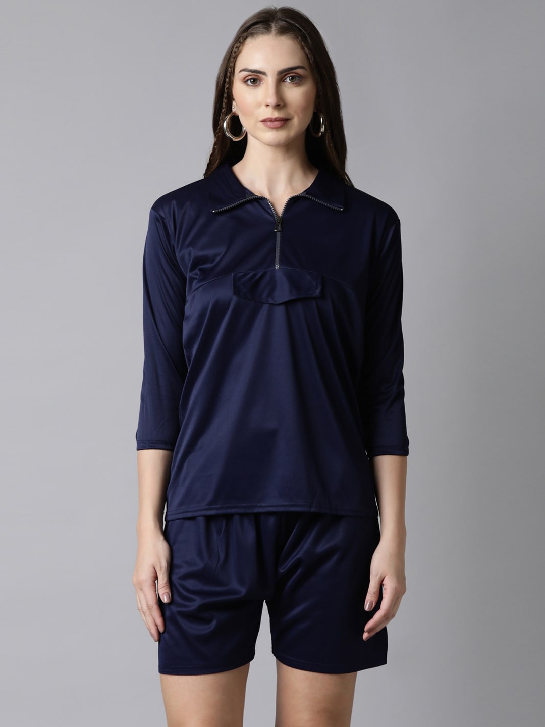 

Bailey sells Shirt Collar Zipper Top With Shorts, Navy blue