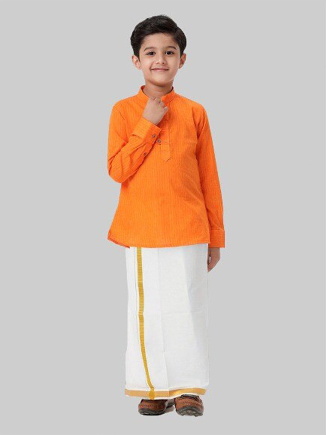 

Ramraj Boys Striped Self Design Pure Cotton Straight Kurta With Dhoti, Orange