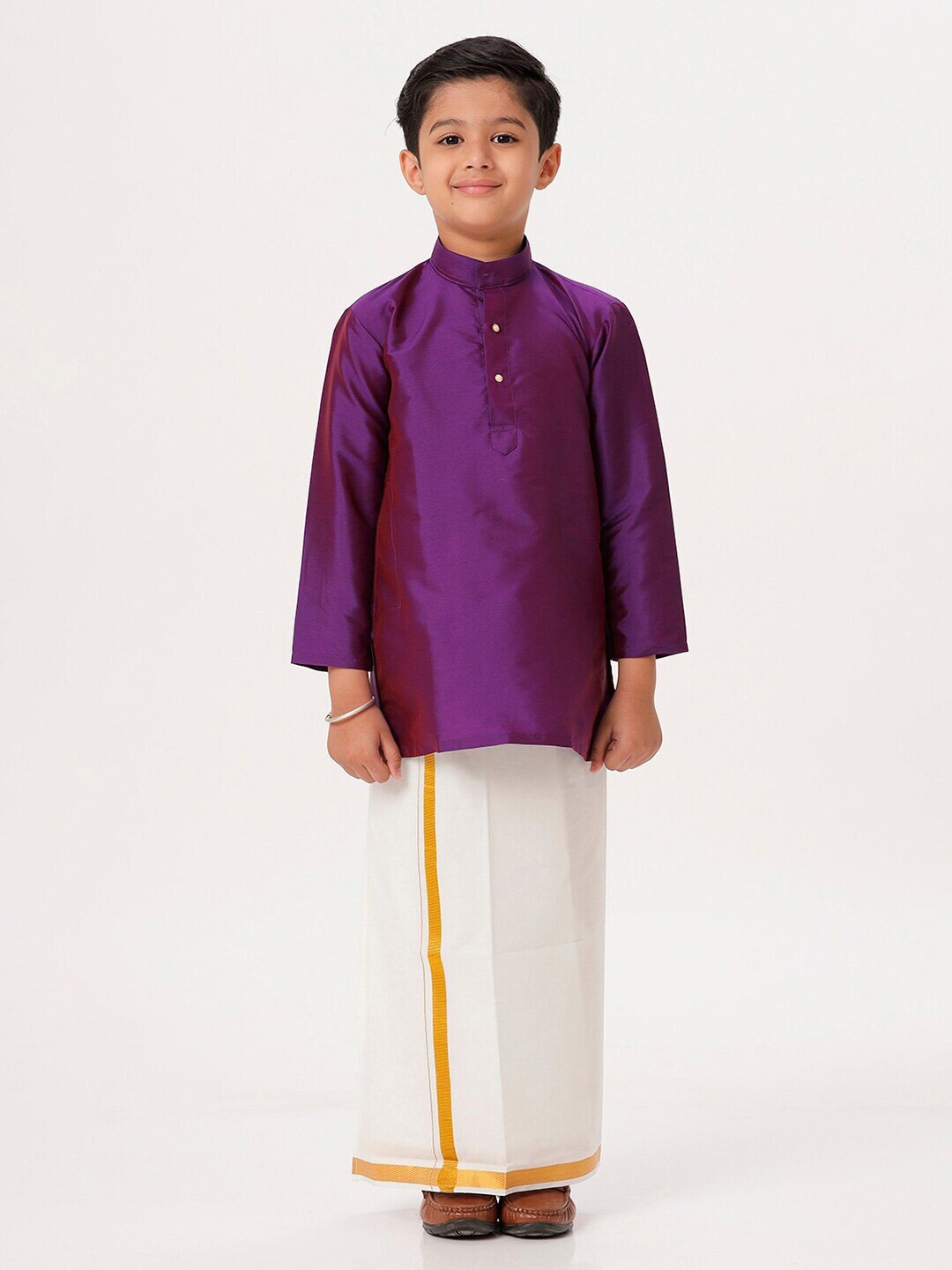 

Ramraj Boys Mandarin Collar Long Sleeves Straight Kurta With Dhoti, Purple