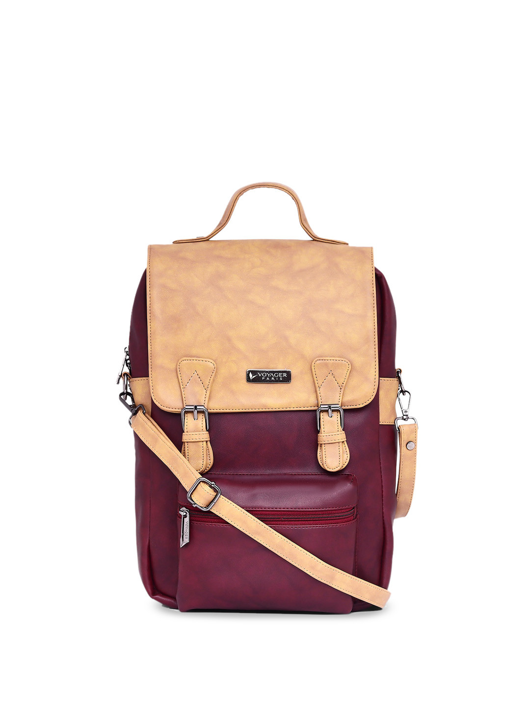 

VOYAGER PARIS Colourblocked Leather Oversized Structured Handheld Bag with Cut Work, Maroon