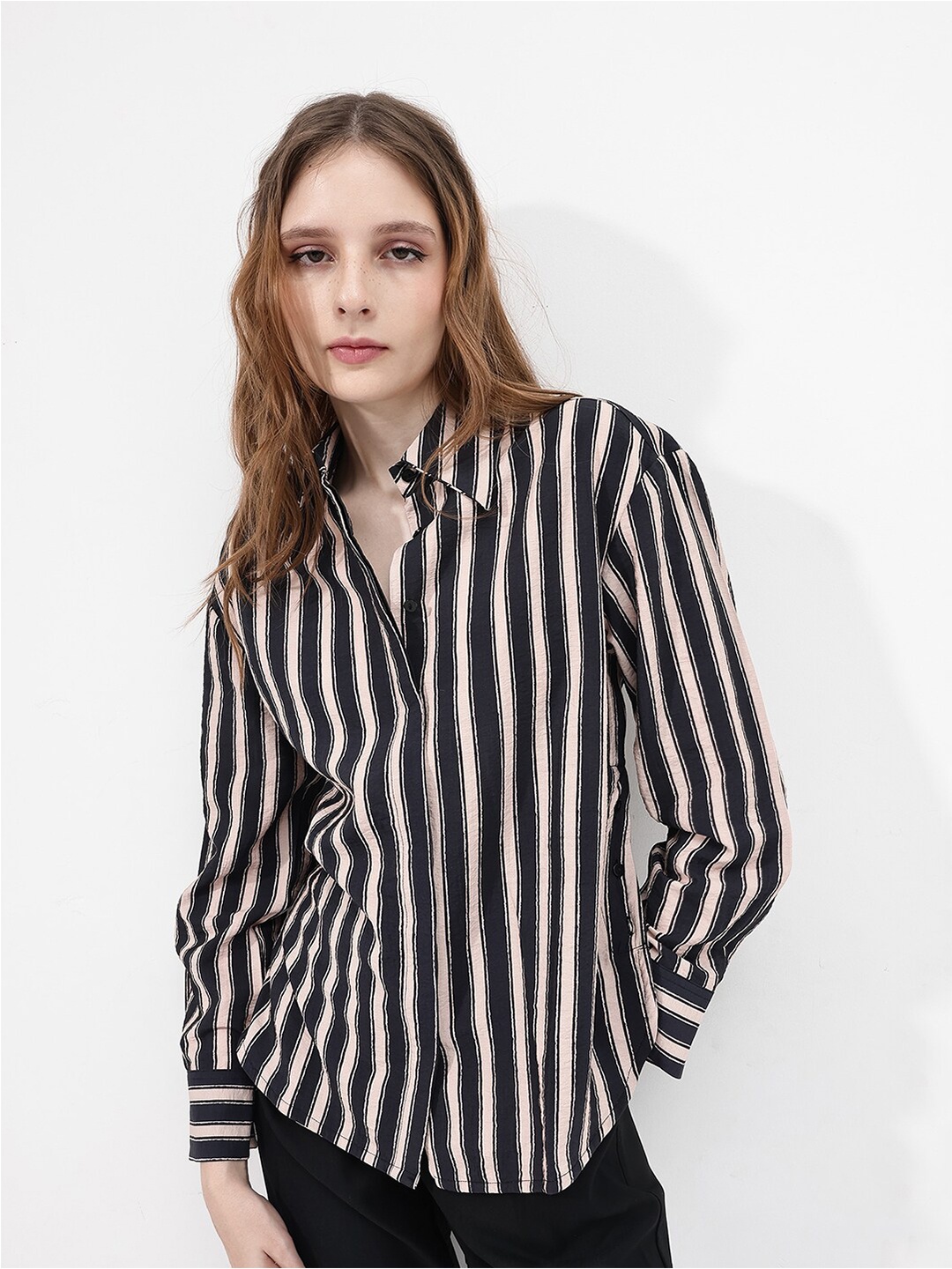 

RAREISM Women Comfort Opaque Striped Casual Shirt, Black