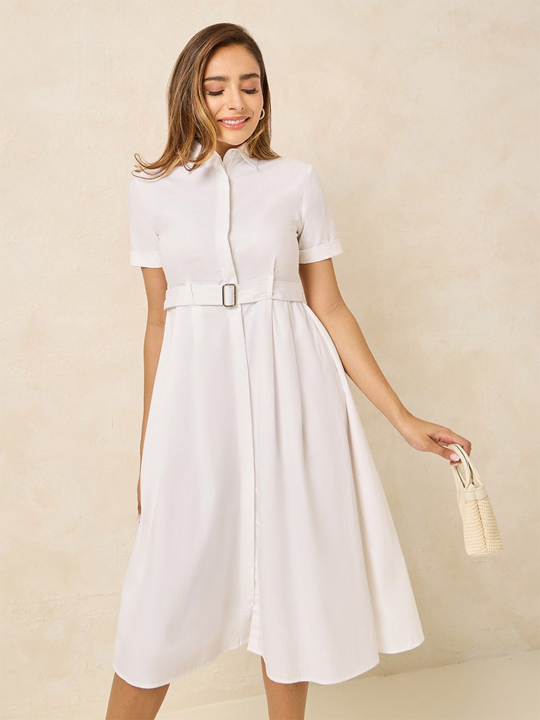 

Styli White Short Sleeve Shirt Midi Dress With Belt