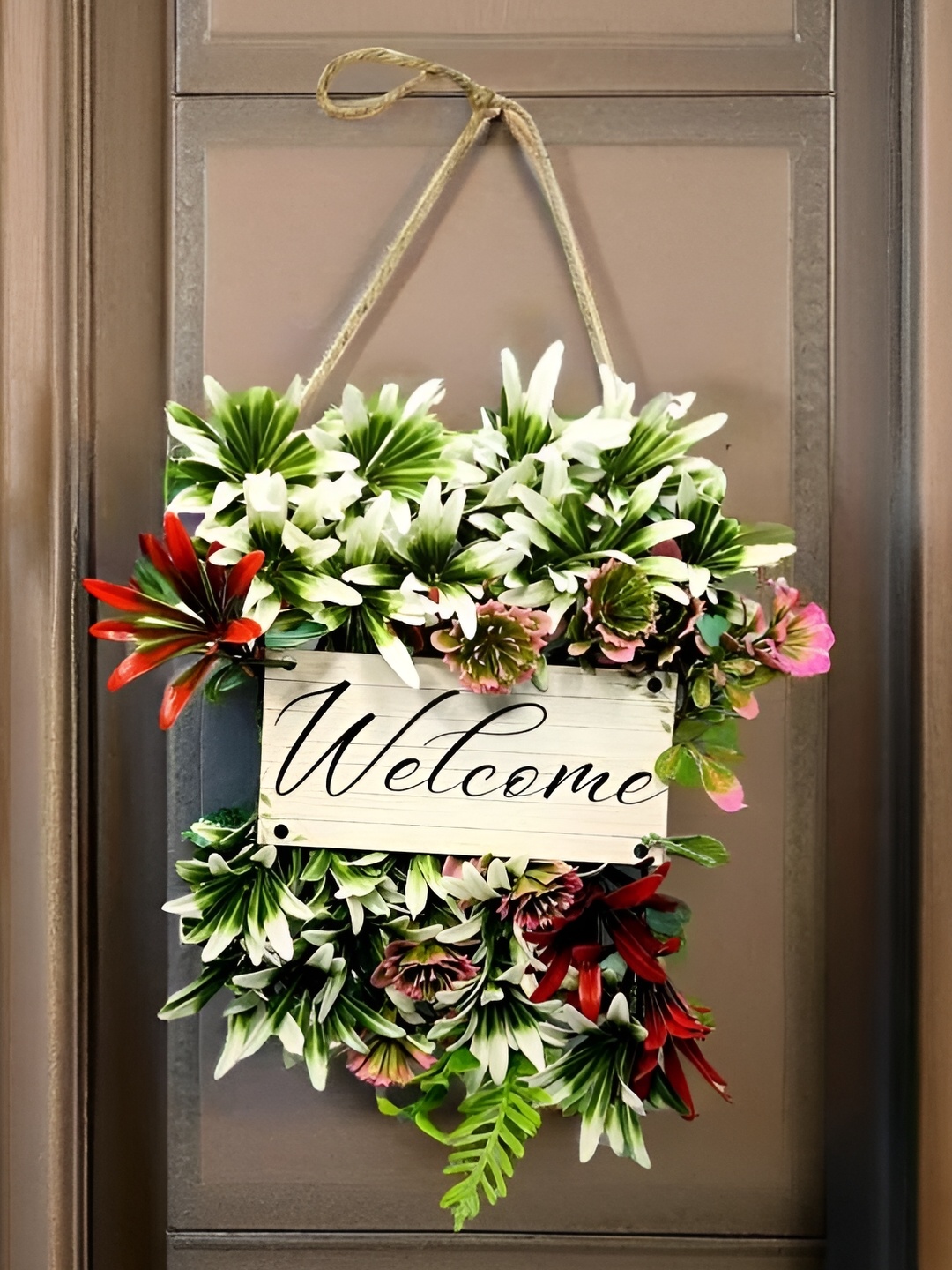 

Akaar White & Black Welcome Printed Wooden Wall Hanging With Artificial Flowers