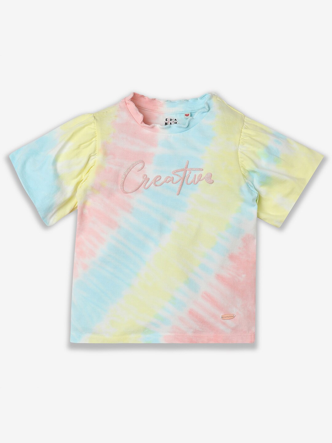 

Ed-a-Mamma Girls Tie and Dye Printed V-Neck Bio Finish Applique T-shirt, Multi