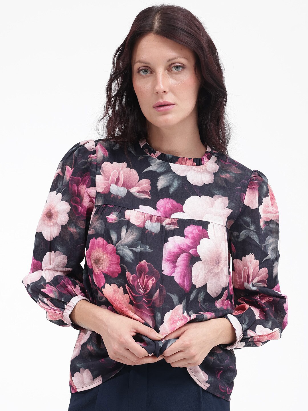 

RAREISM Floral Print Cotton Blouson Top, Black