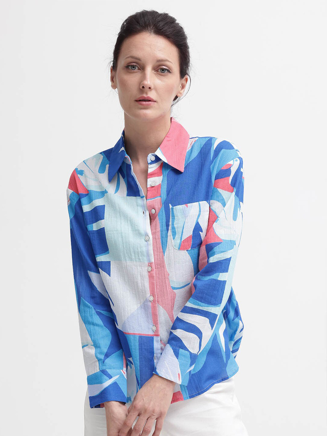 

RAREISM Print Mandarin Collar Cotton Top, White