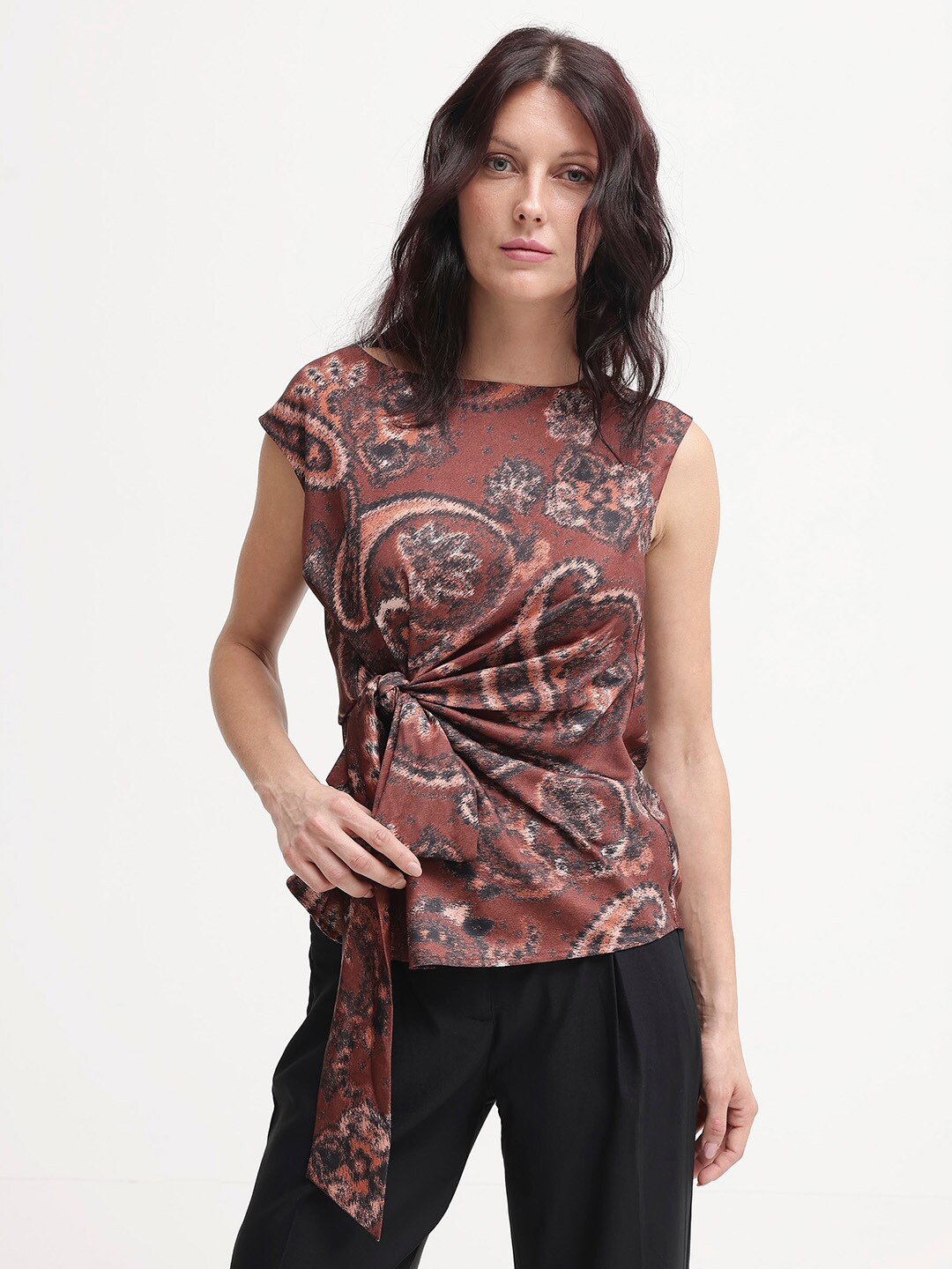 

RAREISM Print Cotton Styled Back Top, Brown