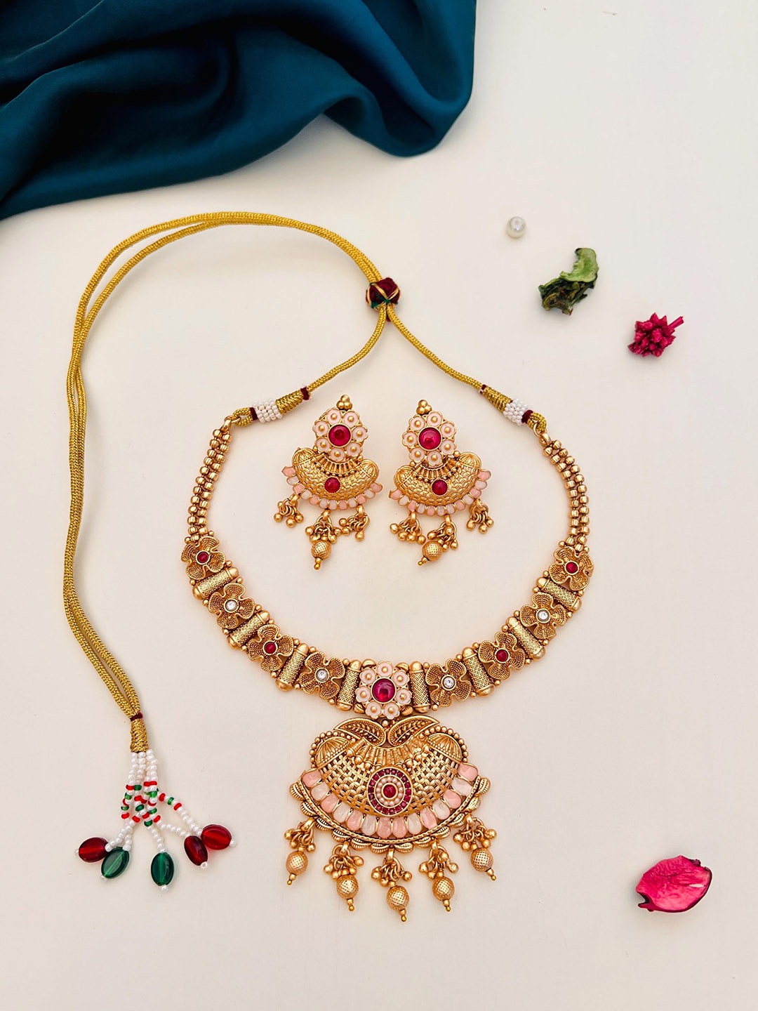 

ABDESIGNS Gold Plated Stone Studded & Beaded Jewellery Set