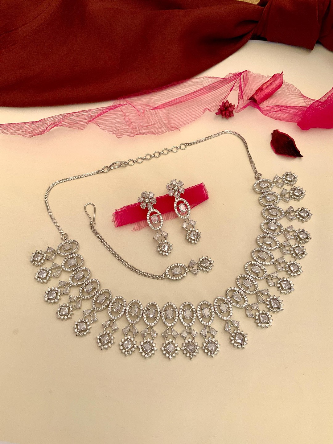 

ABDESIGNS Silver-Plated American Diamond Studded Jewellery Set