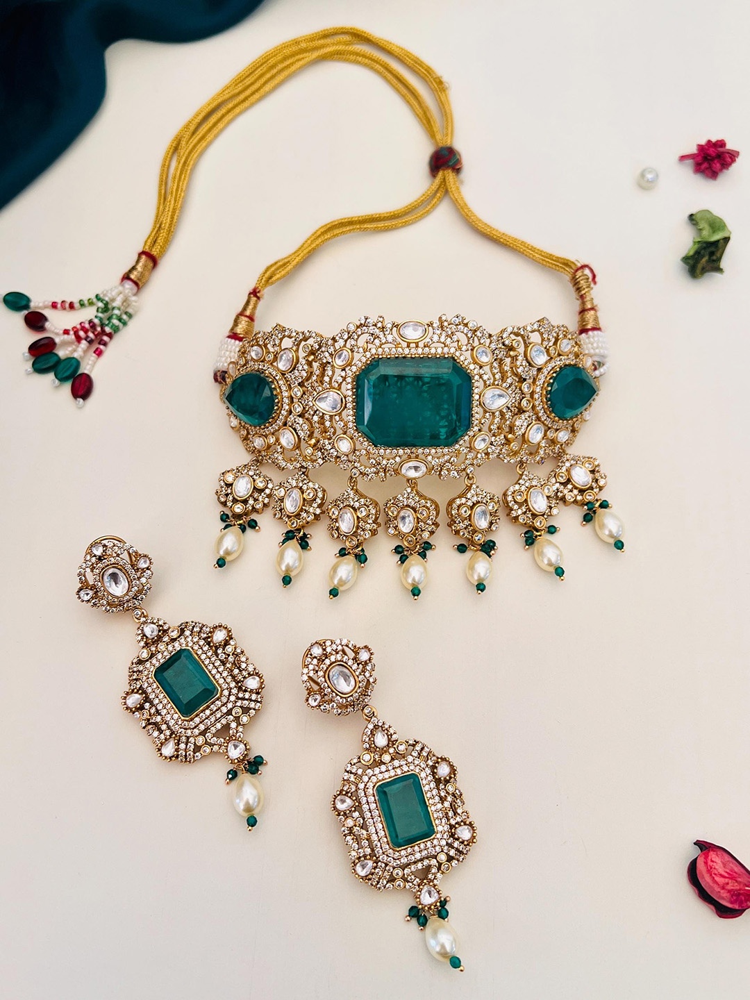 

ABDESIGNS Gold-Plated Stone-Studded & Beaded Jewellery Set