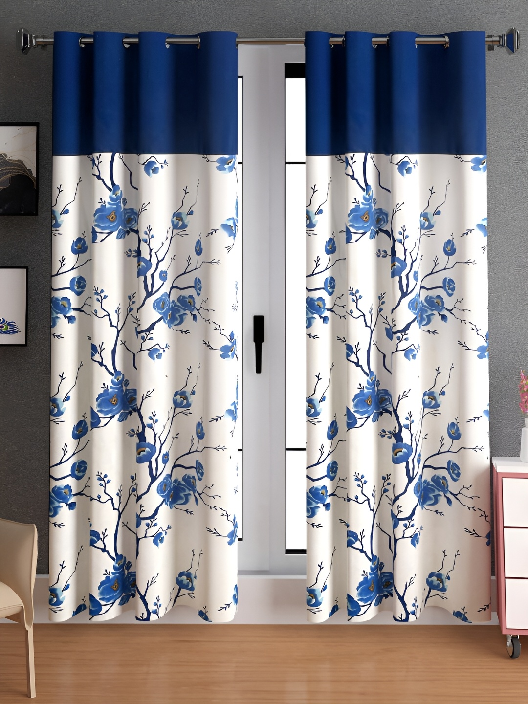 

Lunar Days Blue & White Set of 2 Floral Room Darkening Door Curtain