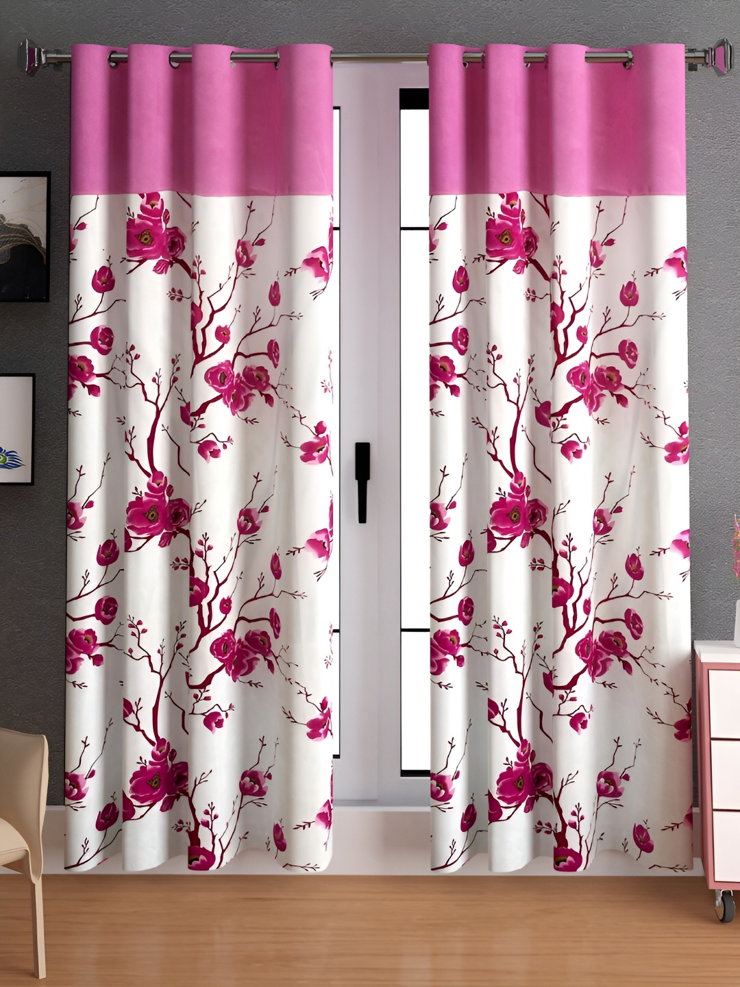 

Lunar Days Pink & White Set of 2 Floral Room Darkening Door Curtain