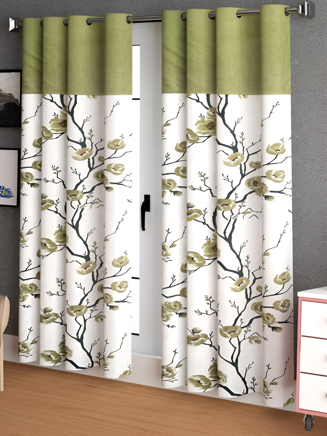 

Lunar Days Green & White Set of 2 Floral Room Darkening Long Door Curtain