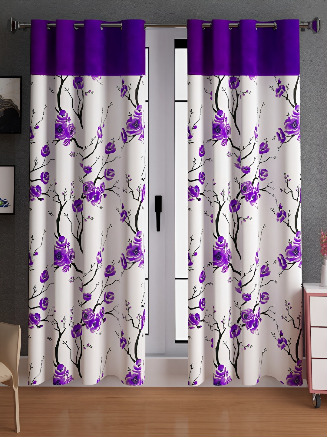 

Lunar Days Purple & White Set of 2 Floral Room Darkening Door Curtain