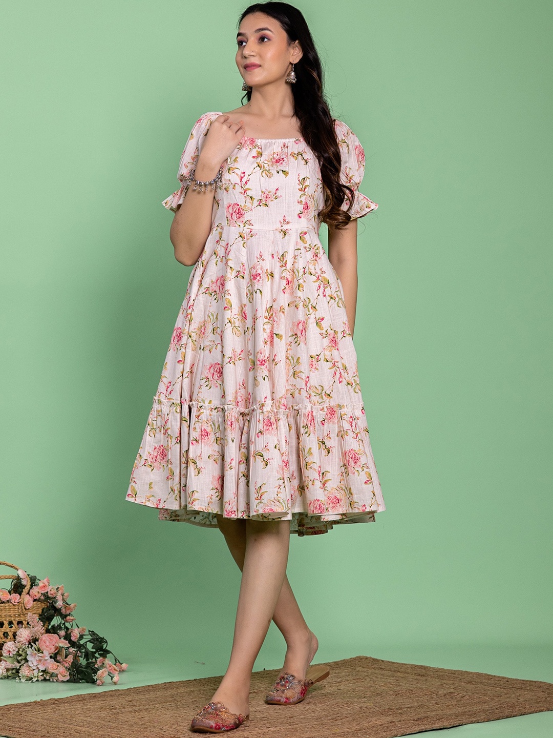 

KASYA Floral Printed Cotton Fit & Flared Midi Ethnic Dress, Off white