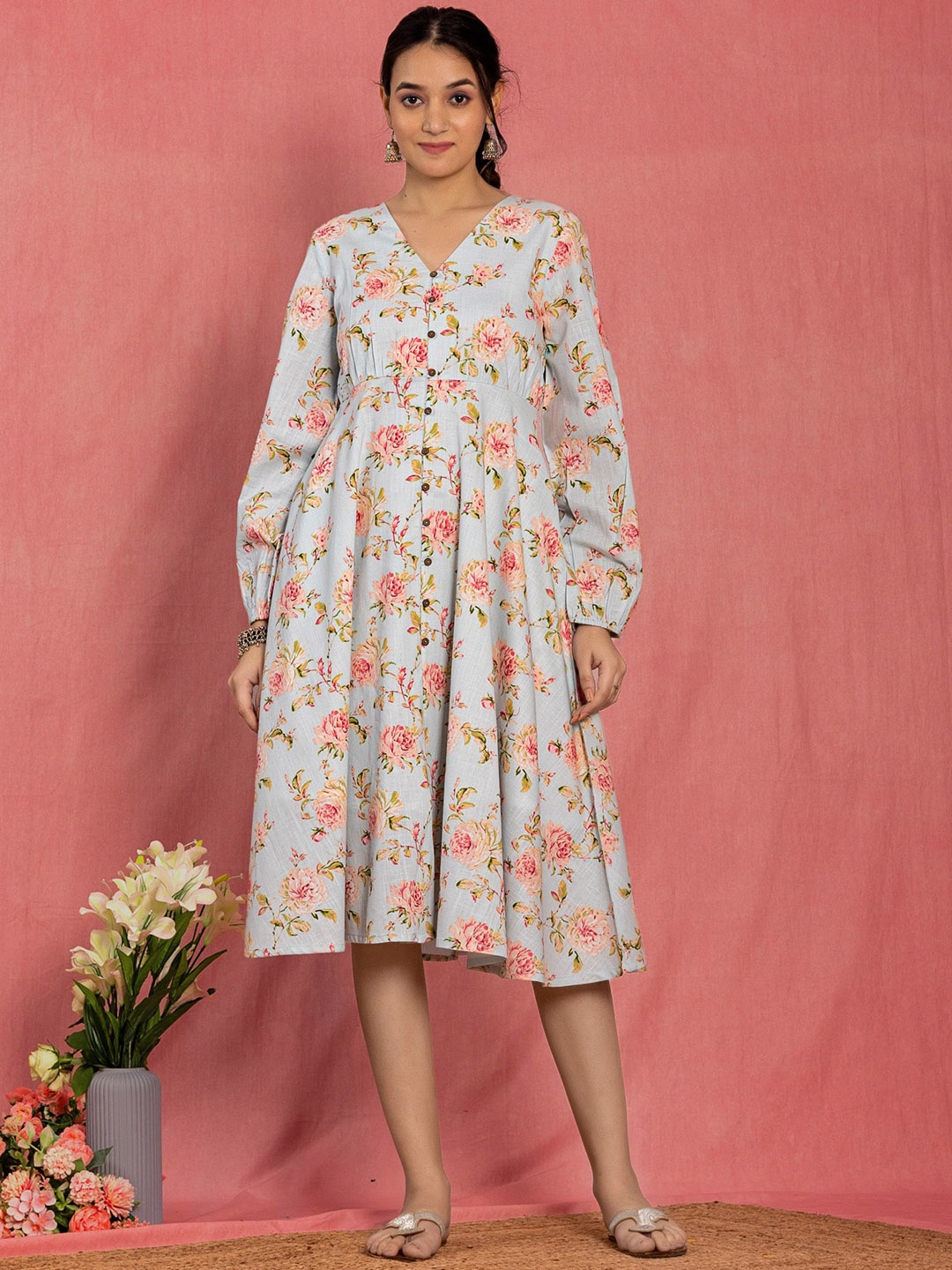 

KASYA Floral Printed Cotton Flared Dress, Blue
