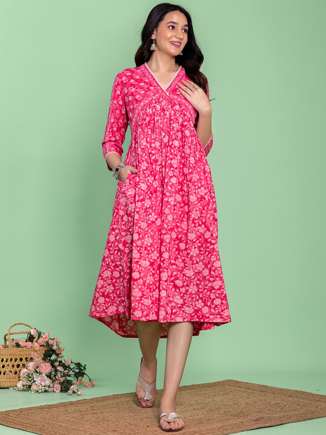 

KASYA Floral Printed Cotton Fit & Flared Ethnic Dress, Pink