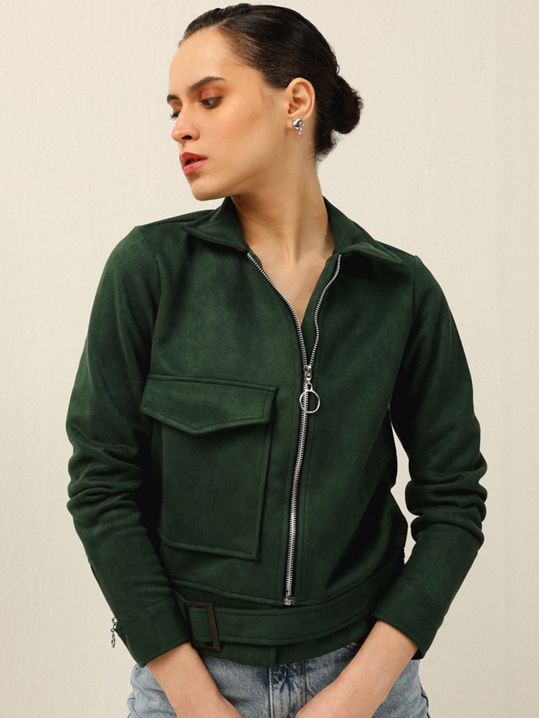 

DEBSTREET Women Suede Asymmetric Closure Crop Outdoor Tailored Jacket, Green