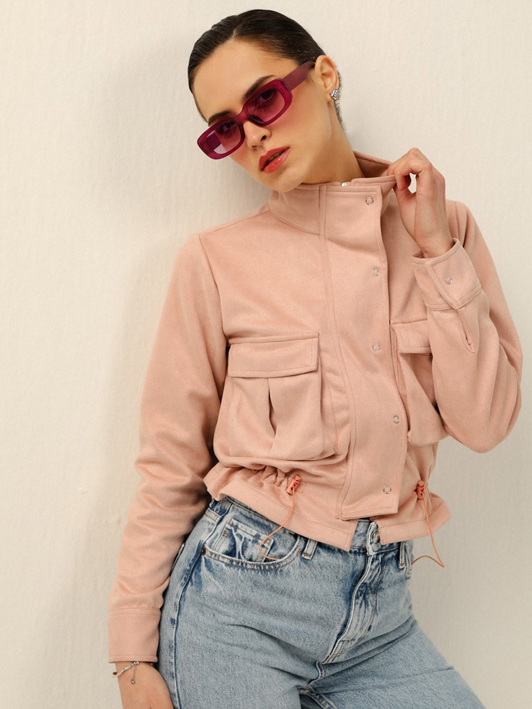 

DEBSTREET Women Colourblocked Suede Lightweight Outdoor Tailored Jacket with Patchwork, Peach