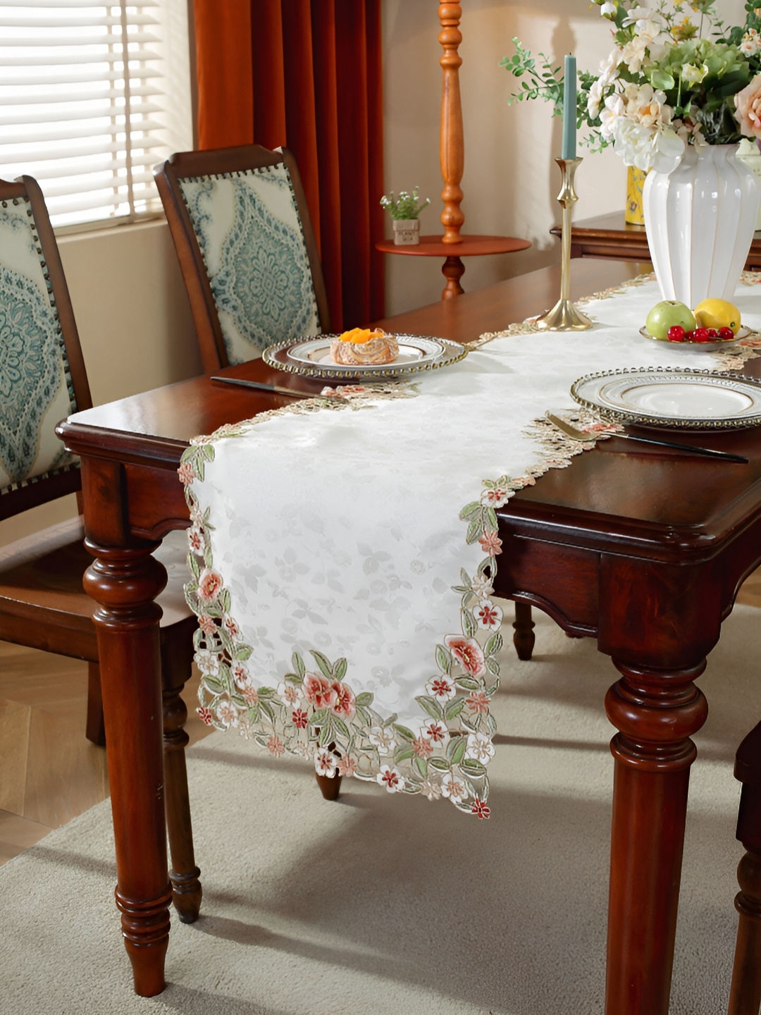 

TANLOOMS White & Maroon Floral Designed Satin Table Runner