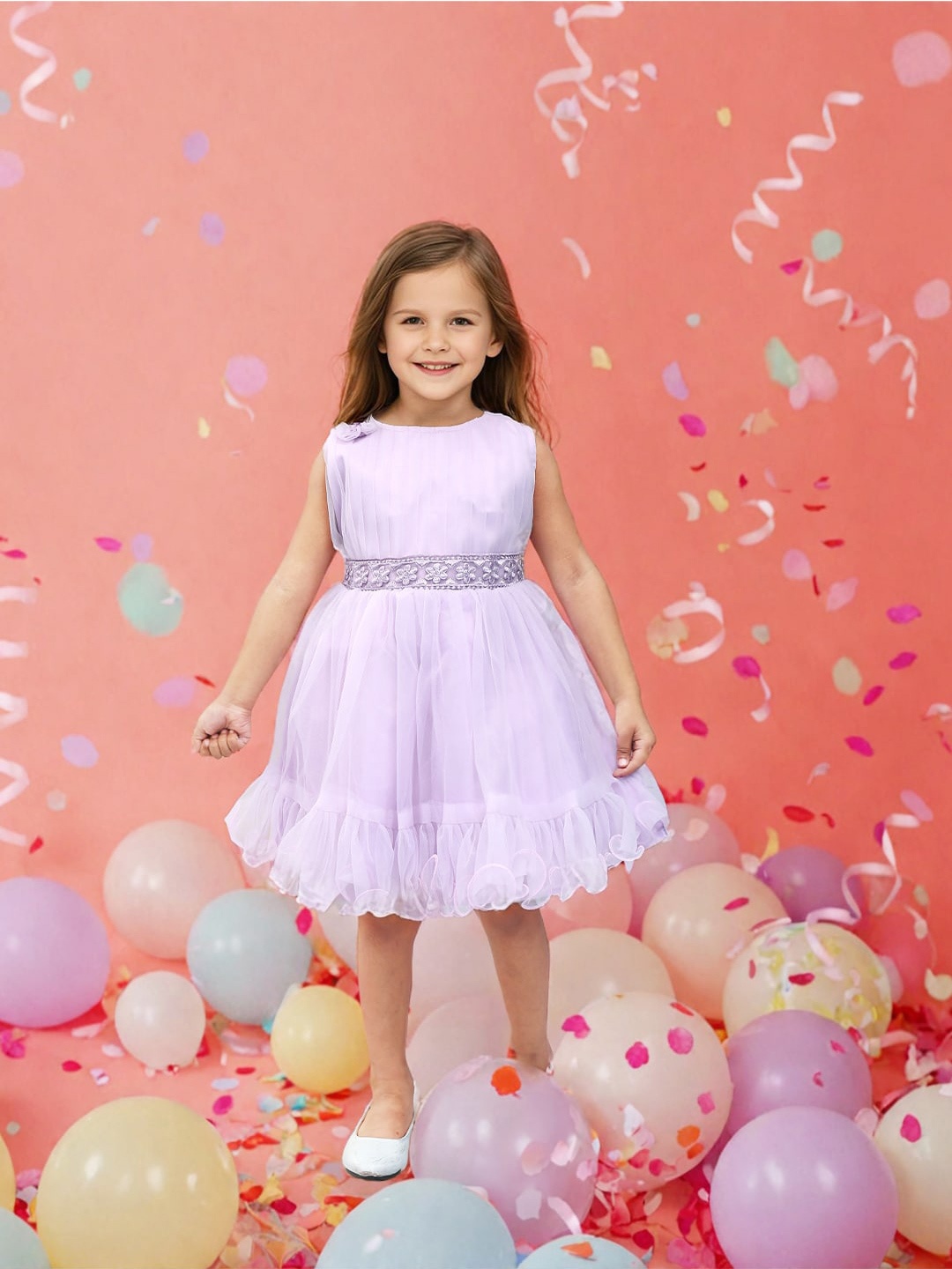 

Toonyport Girls Boat Neck Floral Gathered or Pleated Fit & Flare Dress, Lavender