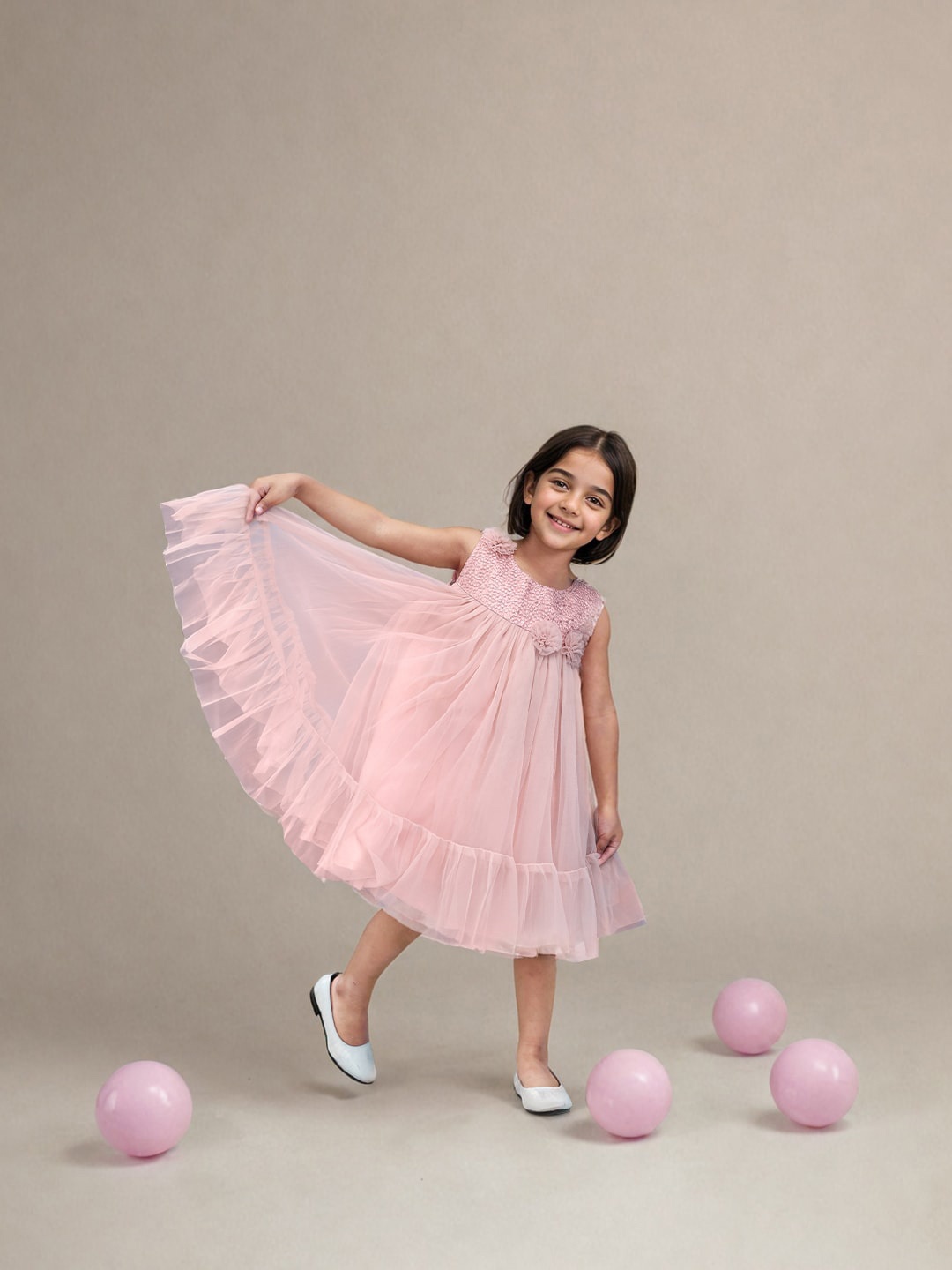 

Toonyport Girls Boat Neck Self Design Gathered or Pleated A-Line Midi Dress, Pink