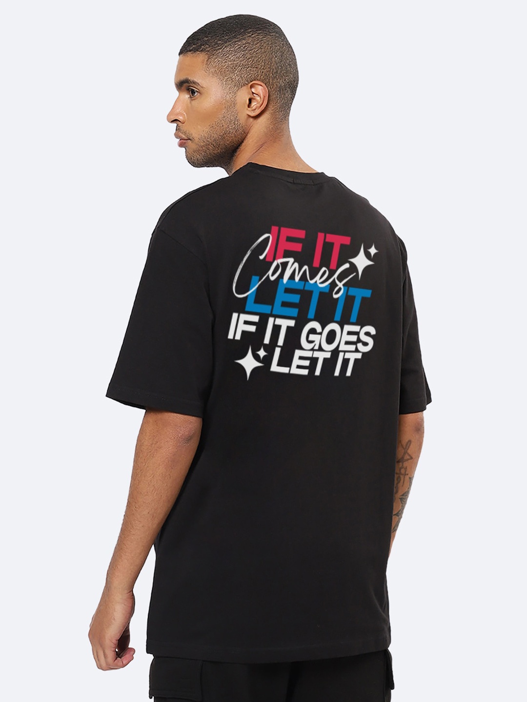 Mad Over Print Men Typography Printed Mandarin Collar T-shirt, Black
